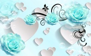 Фреска Голубые розы с сердцами