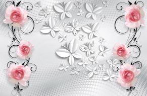 Фреска 3D Розы и бабочки на серебристом фоне