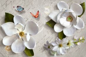 Фреска Белые 3D цветы и бабочки