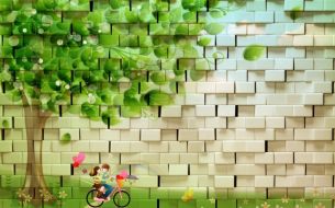 Фотообои 3D Кирпичная стена с рисунком дерево