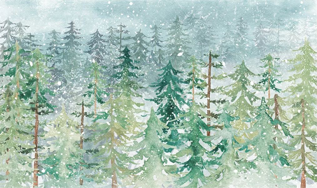 Фреска Акварельный еловый лес под снегопадом