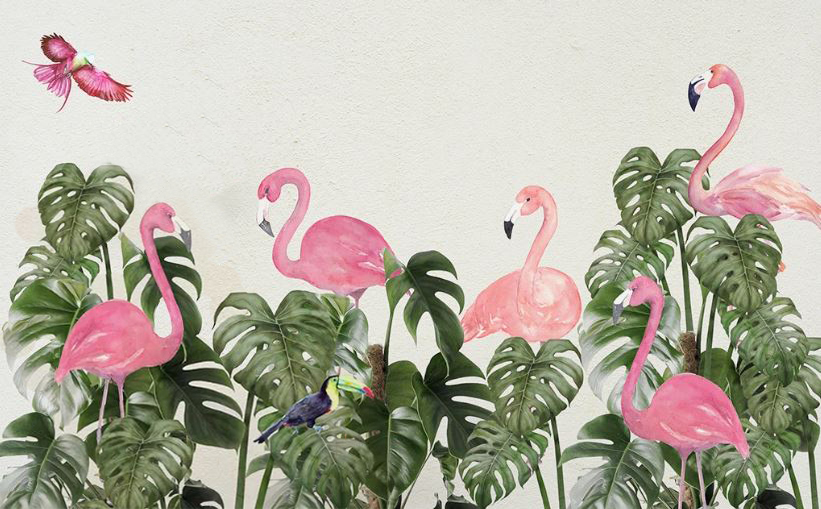 Фреска Фламинго среди листьев